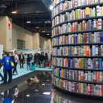 International Book Fair, Turin, Italy – 14 October 2021: the great column full of books at the entrance of the exhibition