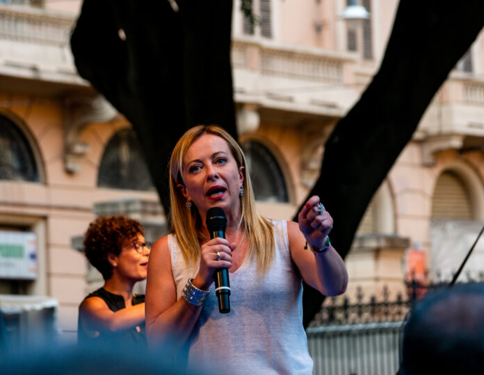 Giorgia Meloni Fratelli D'Italia on the stage of the rally in cagliari discuss about new elections